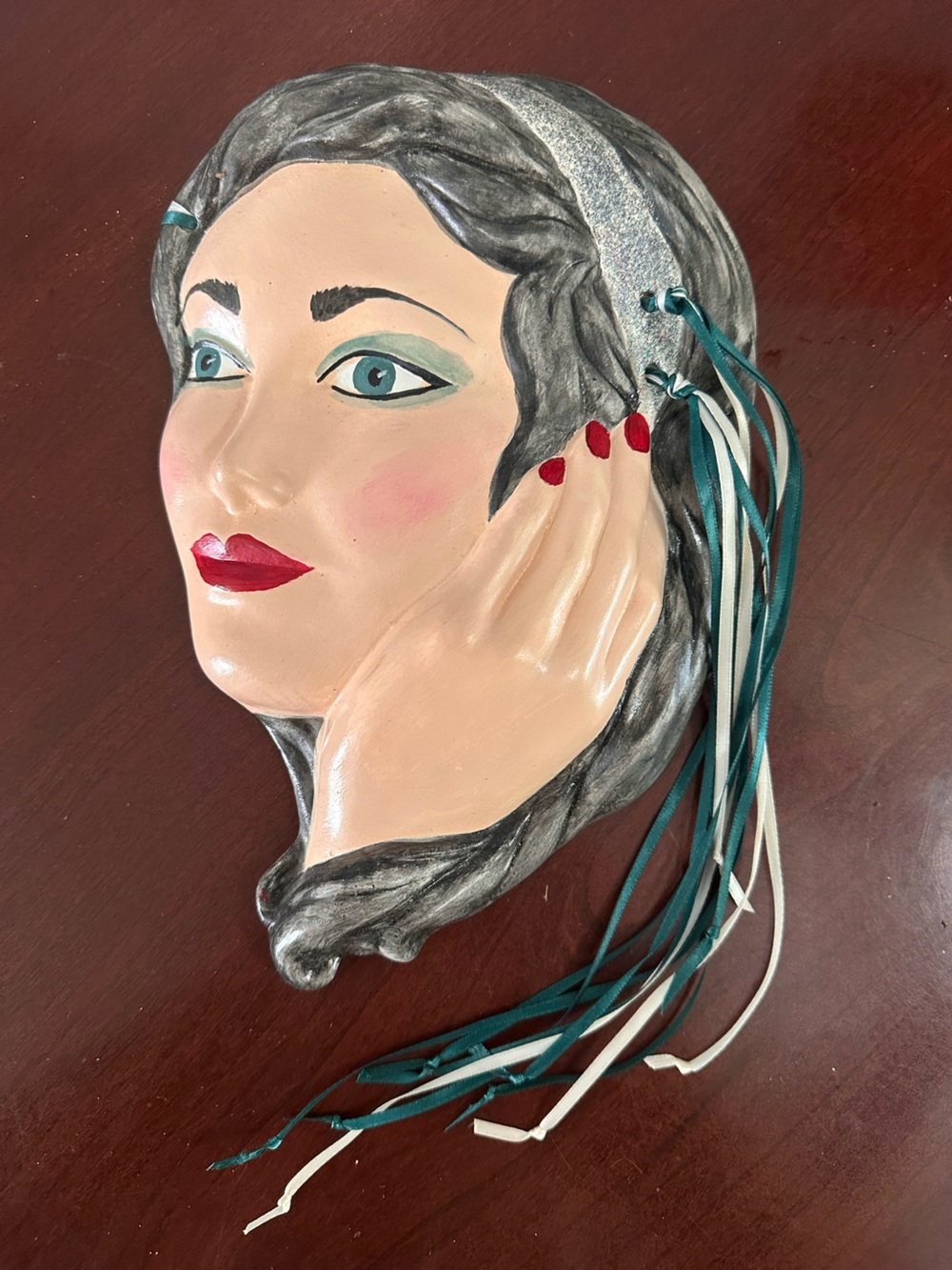 Vintage ceramic glamor girl with hat mask wall hanging 1980s art deco revival